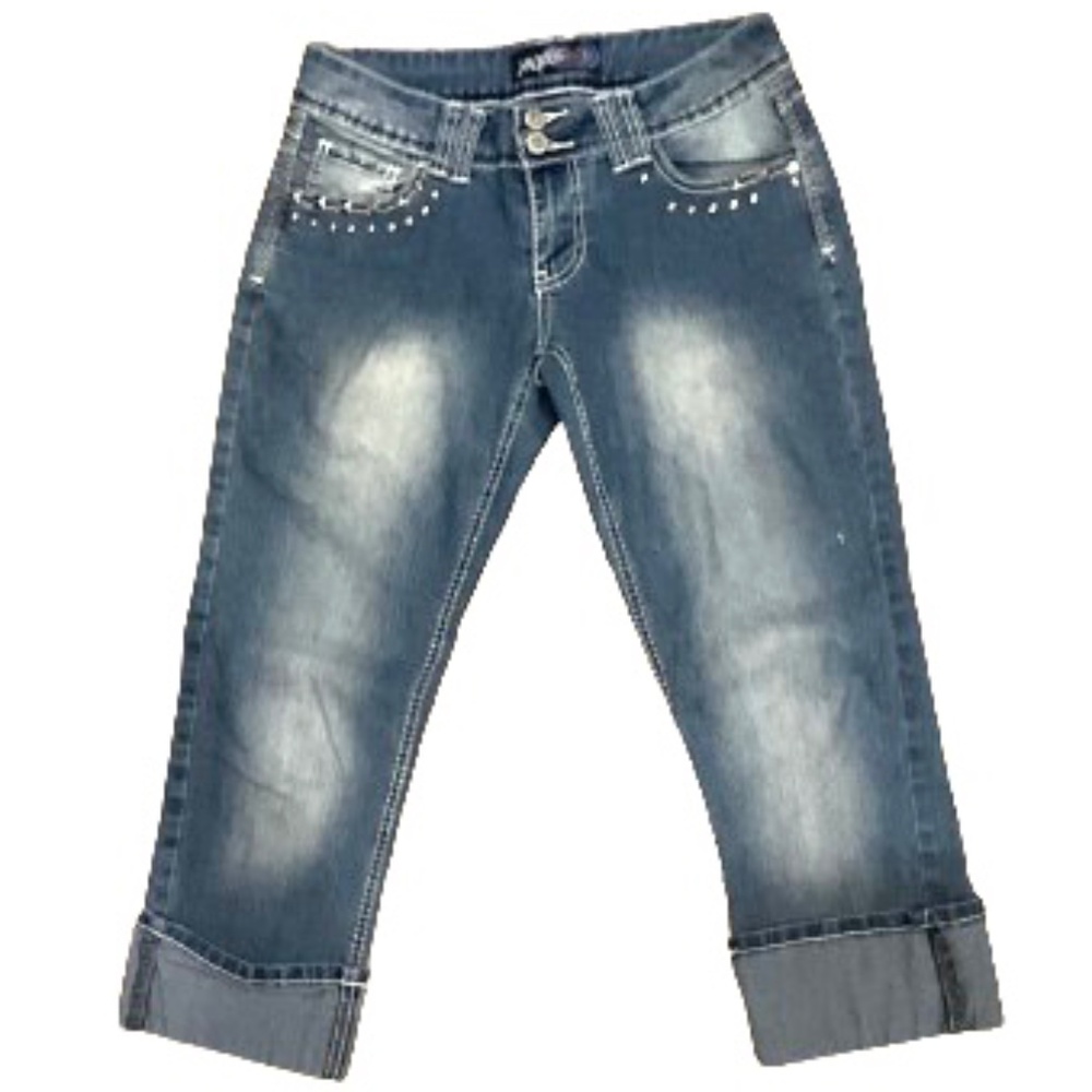 Angels Blue Denim Embellished Cuffed  Contrast Capris Sz 9